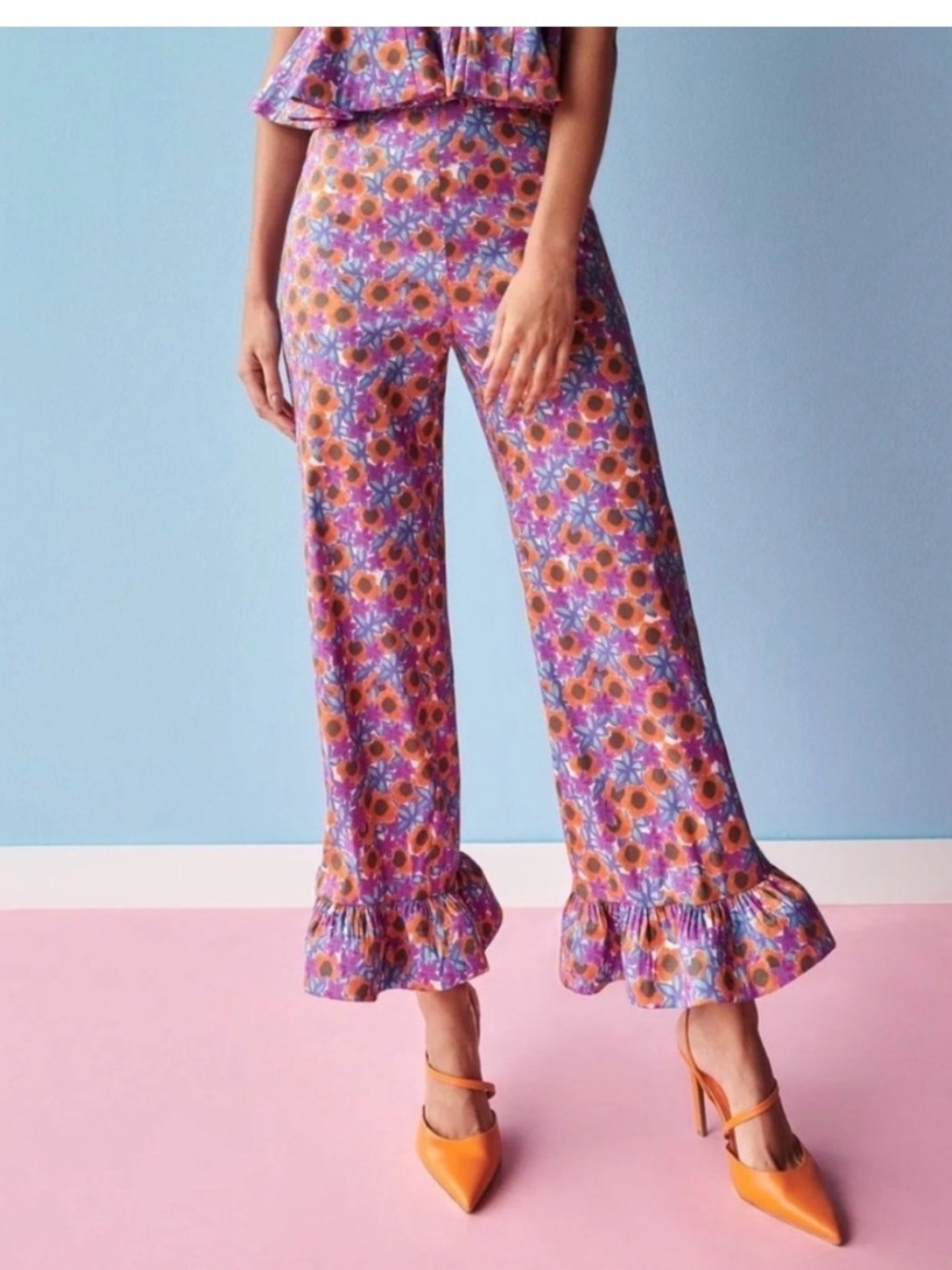 Celiab Floral Ruffle Ankle Pants - Purple Multi